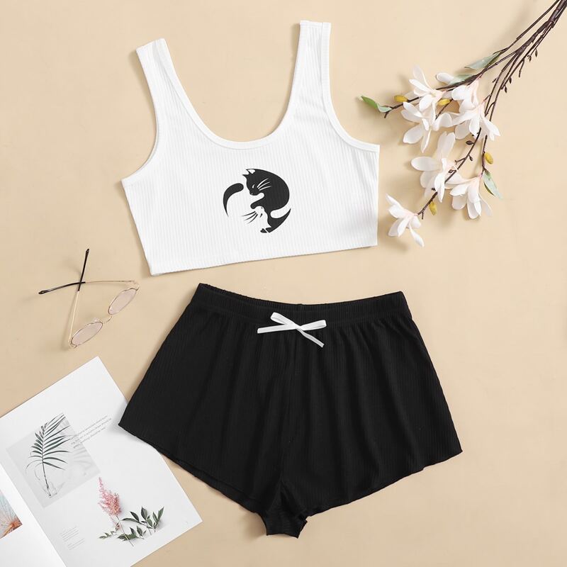 

Cat Print Tank Top & Shorts PJ Set, White