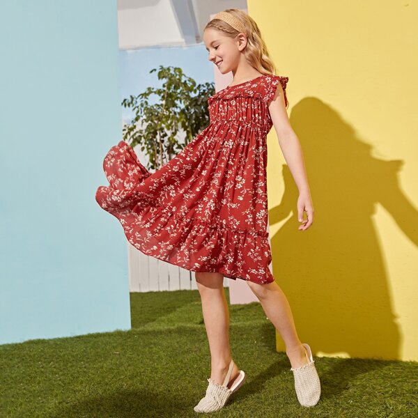 

Girls Floral Print Ruffle Hem Dress, Burgundy