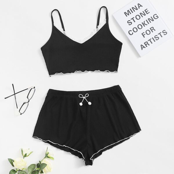 

Lace Trim Contrast Binding Cami PJ Set, Black