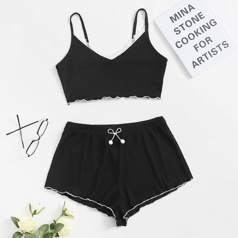 

Lace Trim Contrast Binding Cami PJ Set, Black