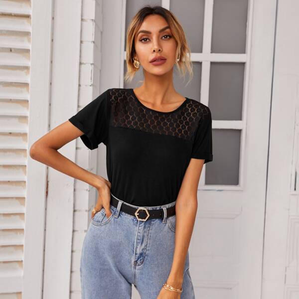 

Contrast Lace Round Neck Tee, Black