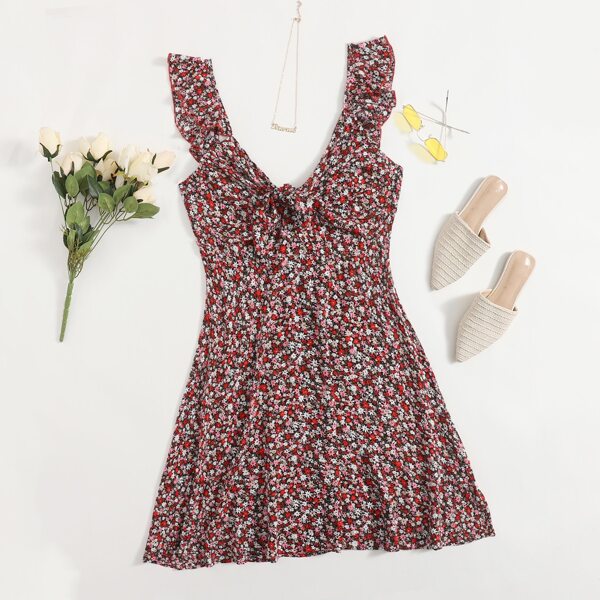 

Plus Ditsy Floral Ruffle Knot Front Dress, Multicolor