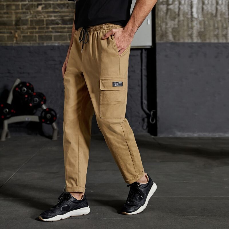 

Guys Letter Patched Flap Pocket Drawstring Pants, Camel