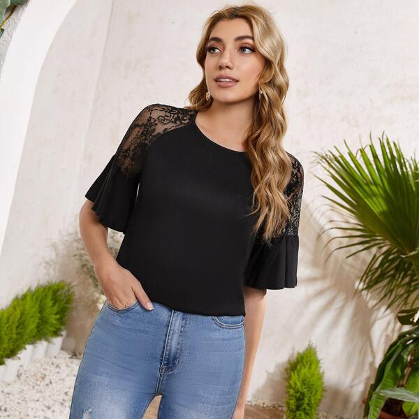 

Lace Insert Flounce Sleeve Top, Black