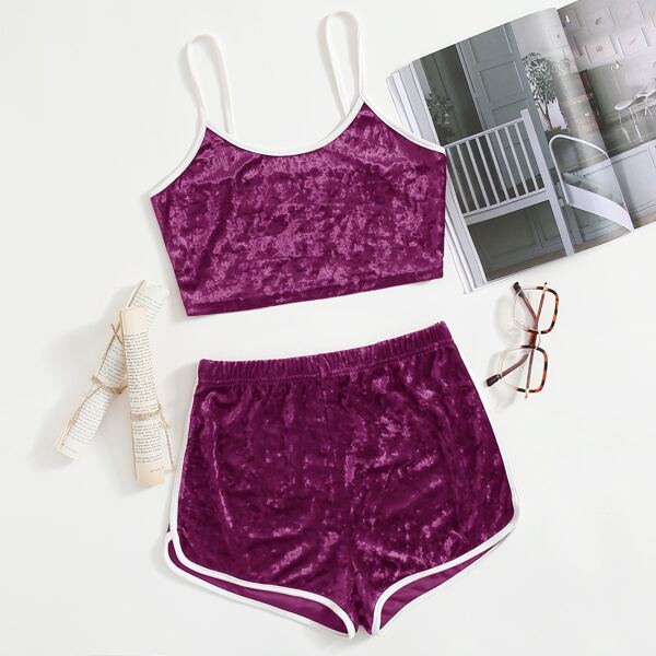 

Contrast Binding Velvet Cami Lounge Set, Purple