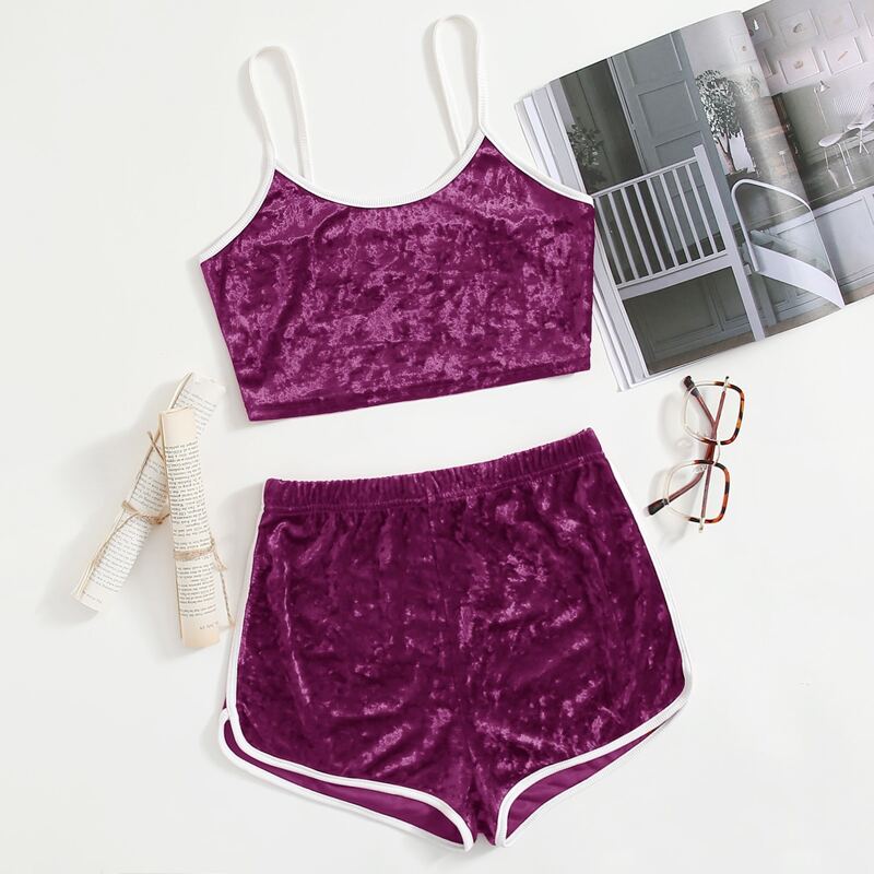 

Contrast Binding Velvet Cami Lounge Set, Purple