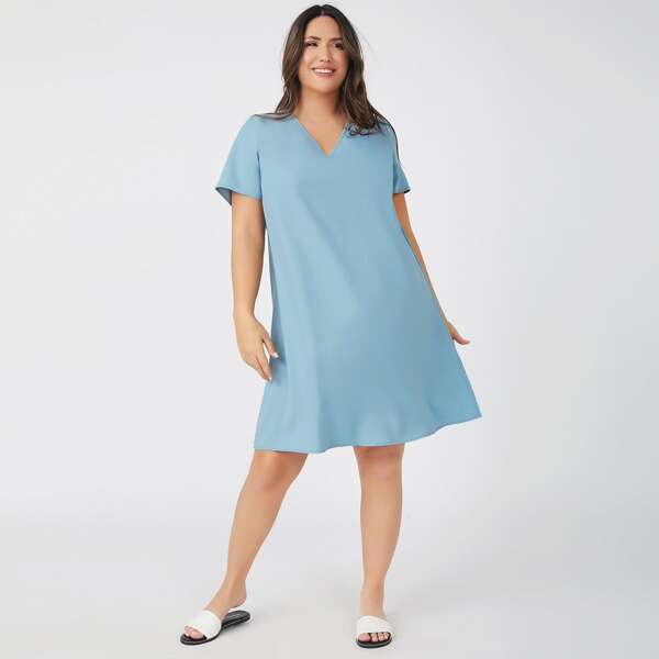 

Plus V-Neck Solid Tunic Dress, Baby blue