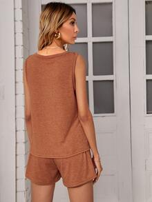 Pocket Tank Top & Paper Bag Waist Shorts Set - Coral Orange - View 2