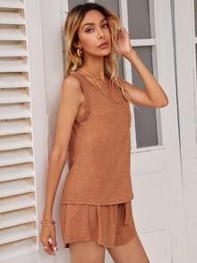 Pocket Tank Top & Paper Bag Waist Shorts Set - Coral Orange - View 5