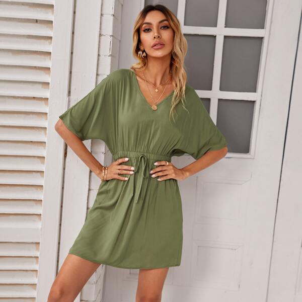 

Solid Drawstring Waist Dress, Army green