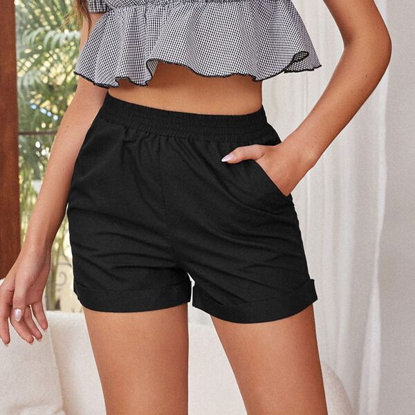 

Slant Pocket Roll Hem Shorts, Black