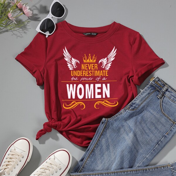 

Slogan Graphic Round Neck Tee, Burgundy