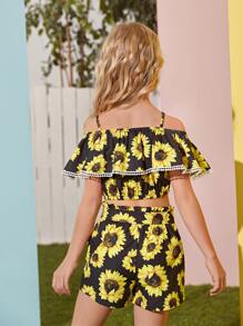 女孩向日葵圖案上衣和腰帶短褲套裝