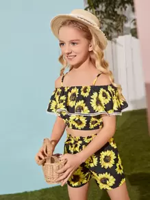 女孩向日葵圖案上衣和腰帶短褲套裝
