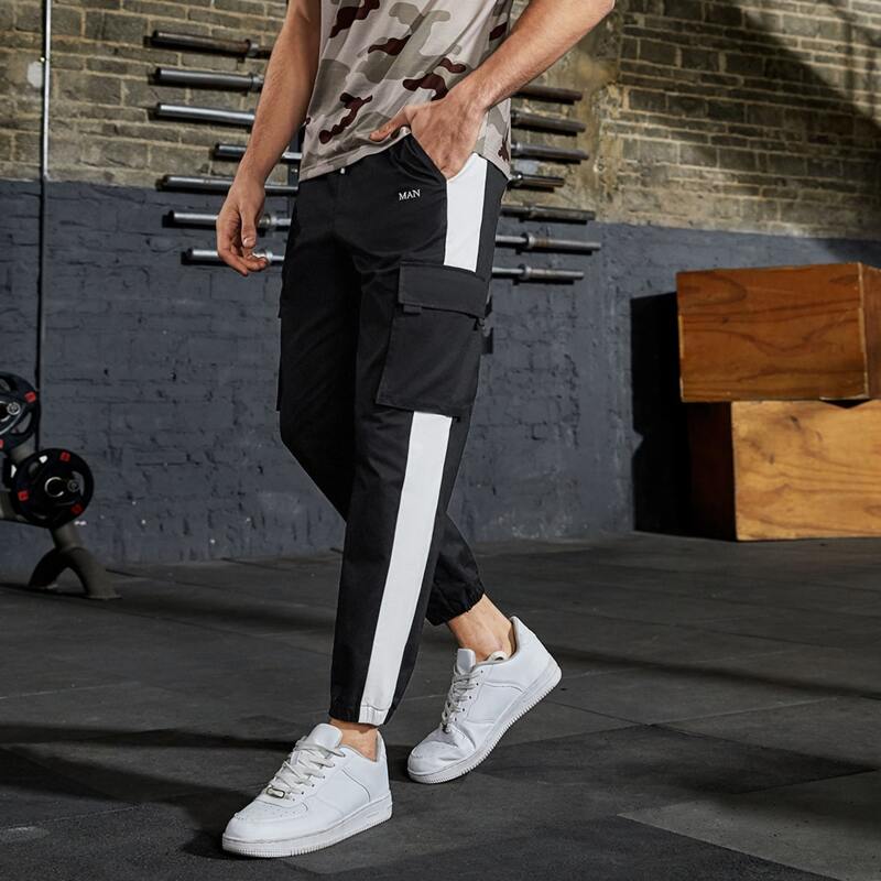 

Guys Letter Embroidered Drawstring Pocket Pants, Black