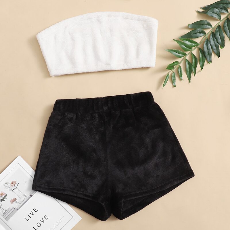 

Bandeau Top & Letter Graphic Shorts PJ Set, Black and white