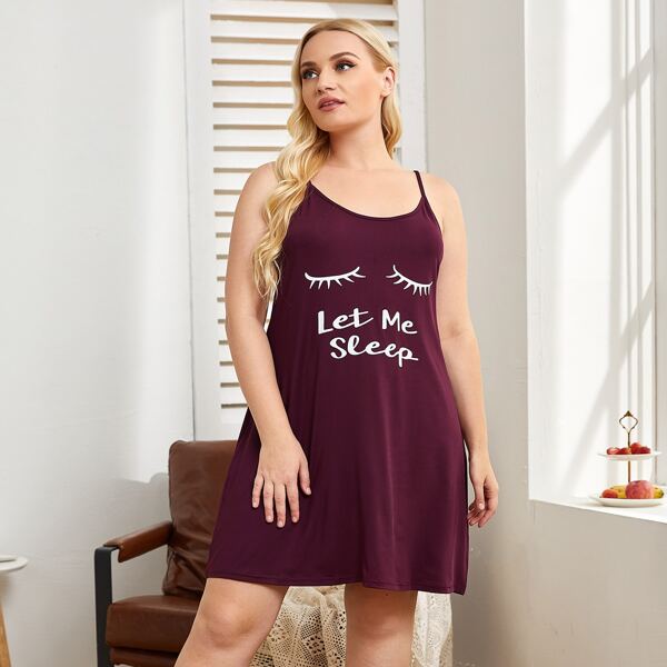 

Plus Slogan & Eyelash Print Cami Sleep Dress, Maroon