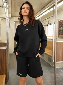 SHEIN Unity Conjunto pullover con letra de hombros caídos con shorts - Negro - Ver 3