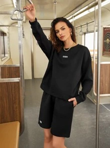 SHEIN Unity Conjunto pullover con letra de hombros caídos con shorts - Negro - Ver 5