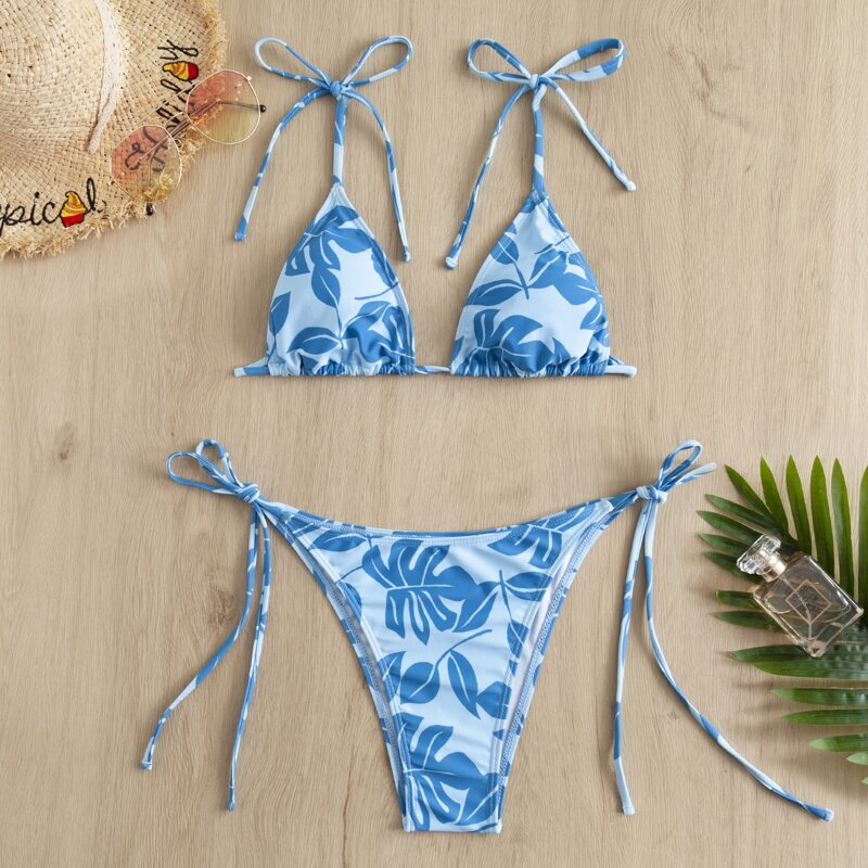 

Leaf Print Micro Triangle Tie Side Bikini Swimsuit, Blue