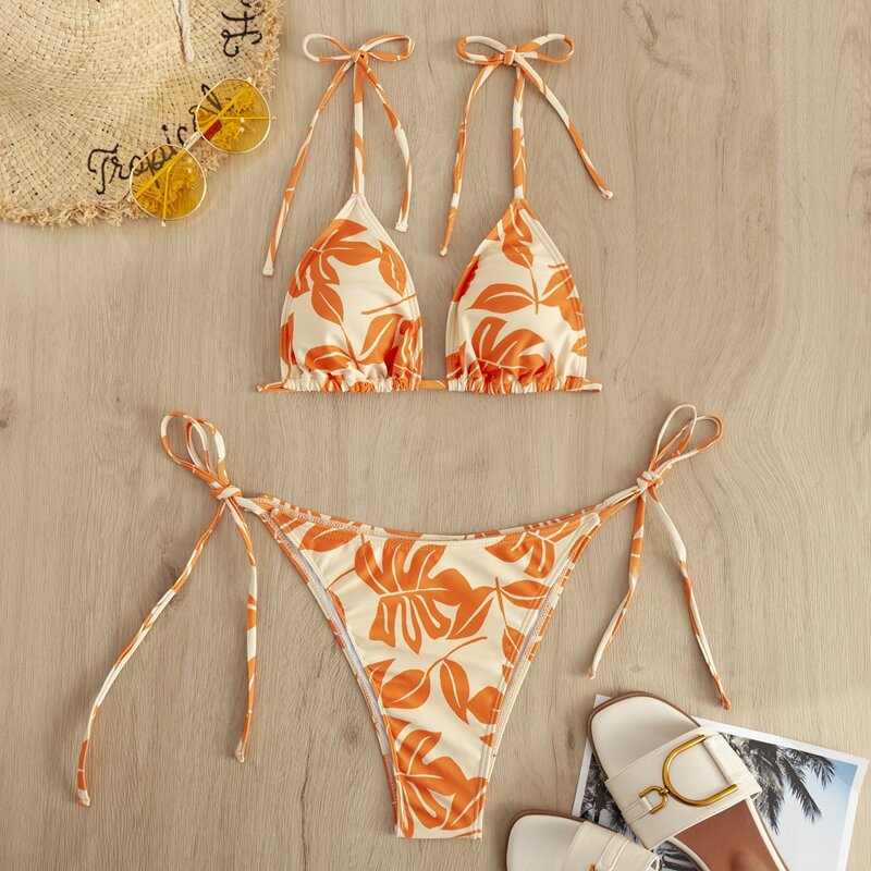 

Leaf Print Micro Triangle Tie Side Bikini Swimsuit, Orange