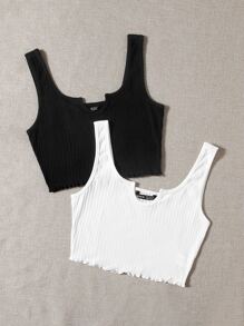 SHEIN 2 packs de camiseta de punto de cuello con muesca - Blanco y Negro - Ver 3
