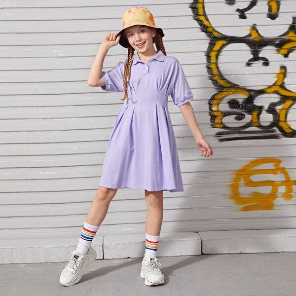 

Girls Drop Shoulder Solid Polo Dress, Lilac purple