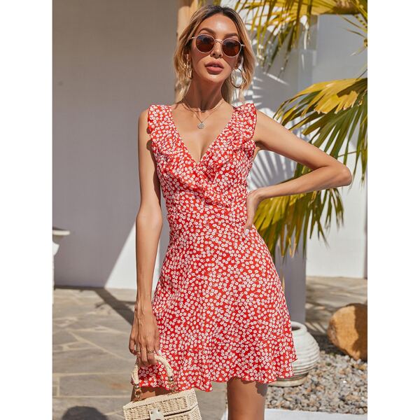 

Ditsy Floral Ruffle Hem Dress, Red
