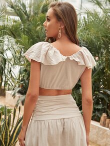 SHEIN VCAY 荷葉邊短版上衣 - 米色 - 查看 2