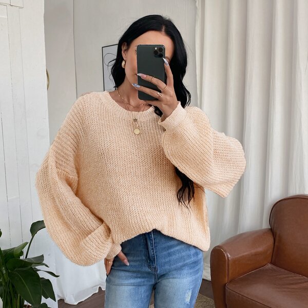 

Drop Shoulder Ribbed Knit Sweater, Orange pastel