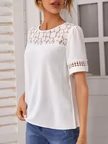 SHEIN Frenchy 拼接蕾絲短袖襯衫 - 白色 - 查看 3