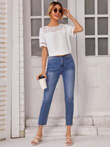 SHEIN Frenchy 拼接蕾絲短袖襯衫 - 白色 - 查看 4