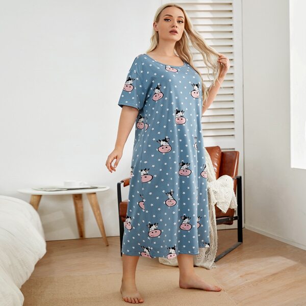 

Plus Cow And Star Print Nightdress, Blue