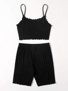 Muchica Lettuce Trim Cami Top & Cycling Shorts Set - Black - View 2
