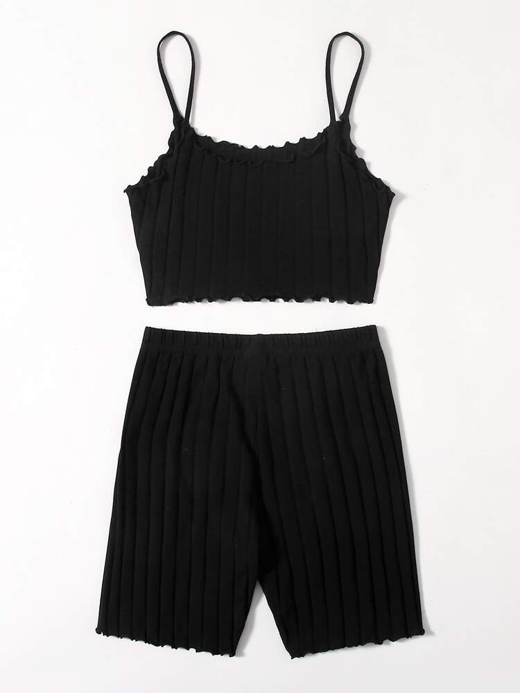 Muchica Lettuce Trim Cami Top & Biker Shorts Set - Black - View 2