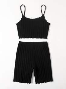 Muchica Lettuce Trim Cami Top & Cycling Shorts Set - Black - View 3