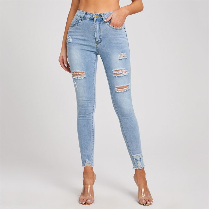 

High Waist Raw Hem Ripped Skinny Jeans, Light wash