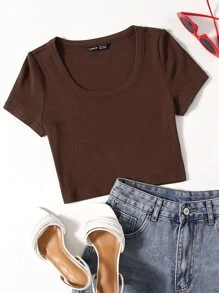 Muchica Camiseta unicolor tejida de canalé - Marrón Chocolate - Ver 1