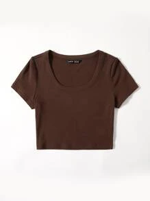 Muchica Camiseta unicolor tejida de canalé - Marrón Chocolate - Ver 3