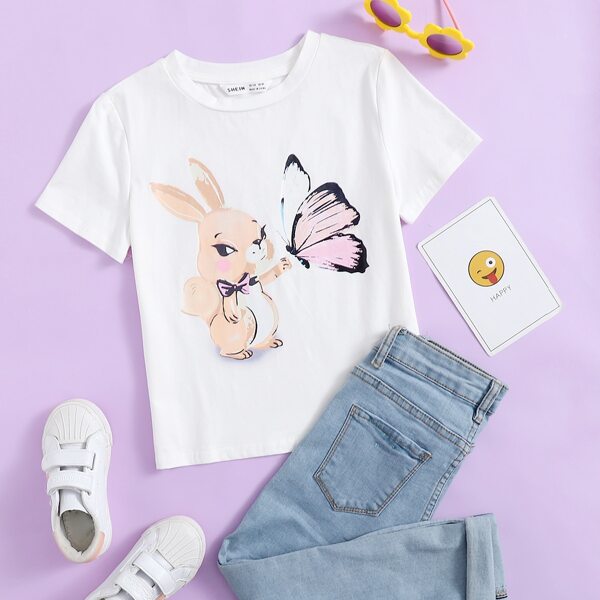 

Girls Rabbit & Butterfly Print Tee, White