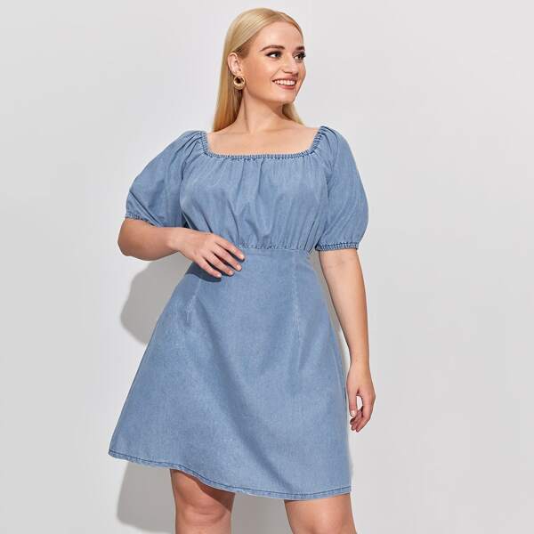

Plus Puff Sleeve Denim Dress, Light wash