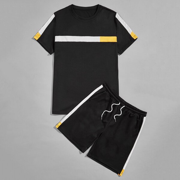 

Men Contrast Panel Tee & Drawstring Slant Pocket Shorts, Black