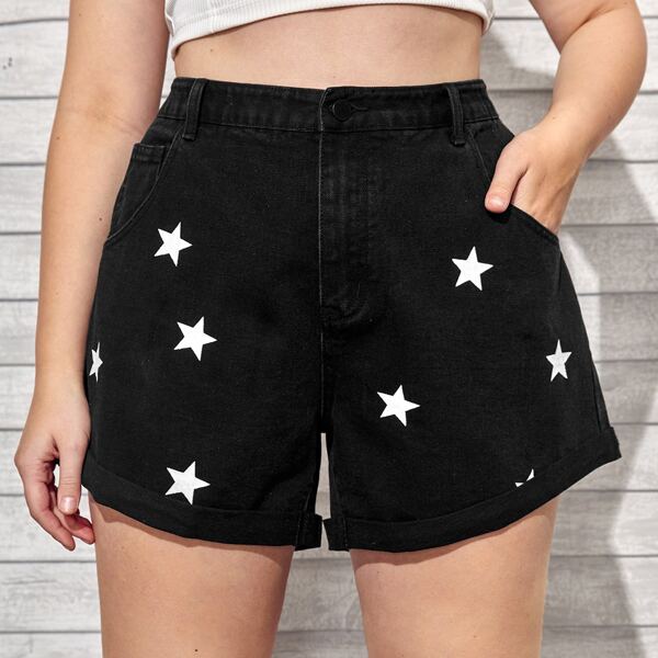 

Plus Star Print Roll Hem Denim Shorts, Black