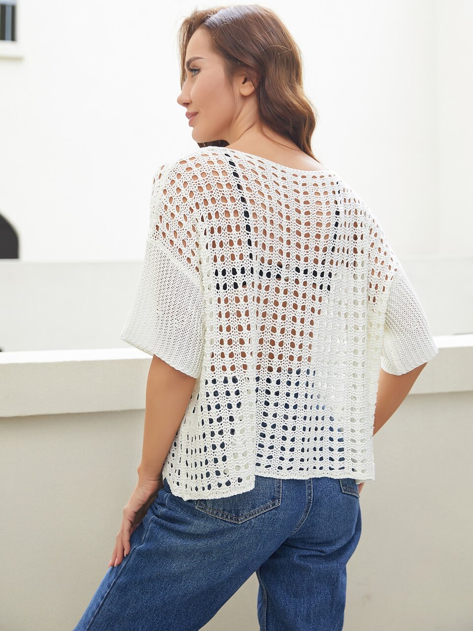 Drop Shoulder Crochet Cover Up Without Bra