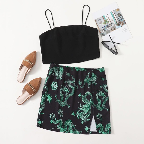 

Plus Crop Cami Top & Chinese Dragon Print Split Hem Skirt Set, Multicolor