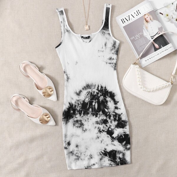 

Plus Notched Neck Tie Dye Dress, White