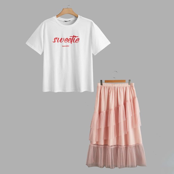 

Plus Letter Graphic Tee & Mesh Layered Skirt Set, Multicolor