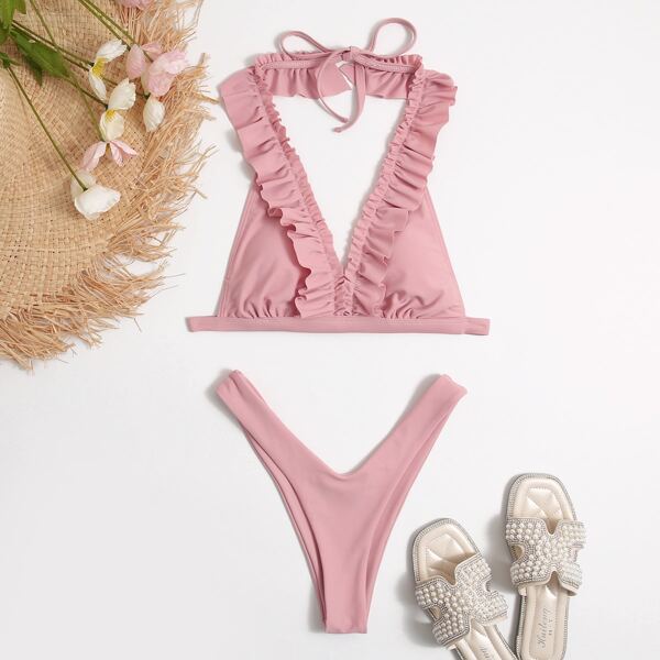 

Ruffle Trim High Cut Bikini Swimsuit, Pastel baby pink
