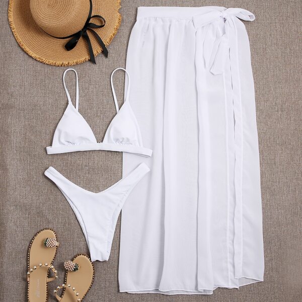 

3pack Micro Triangle Bikini Swimsuit & Beach Skirt, White