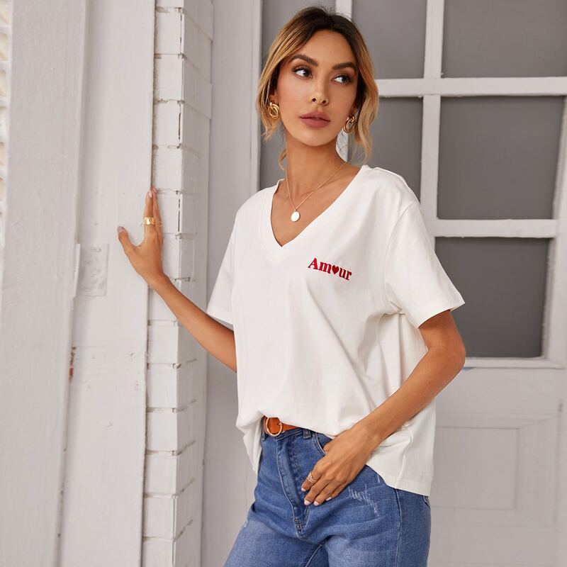 

Letter Embroidery Drop Shoulder Tee, White